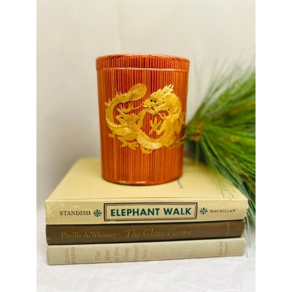 Vtg Chinese Woven Straw Tea Box Red Dragon‎ 6x4.5